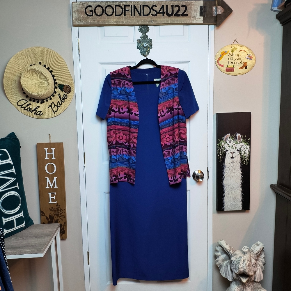 Vintage PERIWINKLE tropical Hawaiian 2 piece set blue midi dress sz 12
